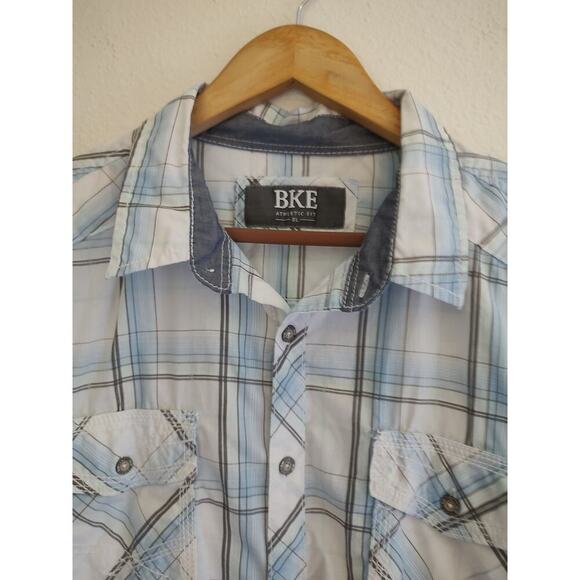 BKE Blue White Grey Green Plaid Long Sleeve Button Front Embroidered Pockets XL - Picture 7 of 11